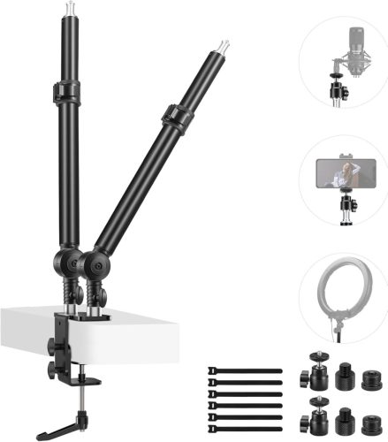 NEEWER Asztali Dupla C-Clamp Állvány -Kamera LED Lámpa, Vaku, Mobil tartó Asztali Állvány