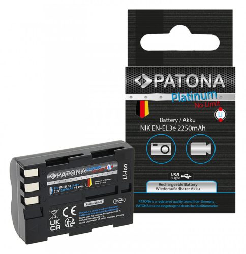 PATONA Platinum Nikon EN-EL3e USB-C Akkumulátor 2250mAh -Type-C Nikon D700 D300 D200 D100 D80 D70 D50