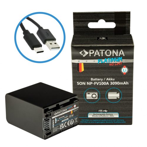 PATONA Platinum akkumulátor USB-C bemenettel a Sony NP-FV100 FDR-AX40 FDR-AX45 FDR-CX680 NEX-VG30 készülékhez