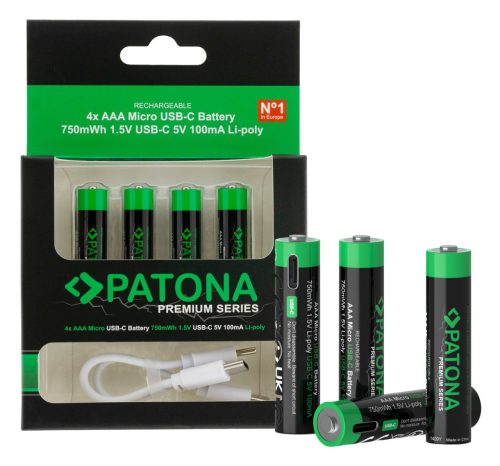 PATONA Premium USB-C 4x AAA újratölthető akkumulátorok lítium 750mWh 1.5V újratölthető 1-2 USB-C töltőkábellel