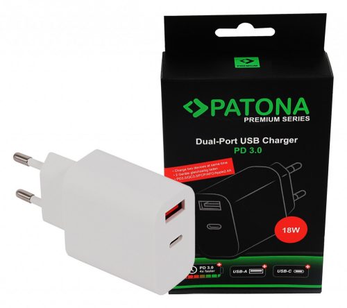 PATONA Premium PD18W adapter 5V/3.0A 9V/2.0A 12V/1.5A A 1xUSB-C 1xUSB-A PD3.0 QC3.0 fehér