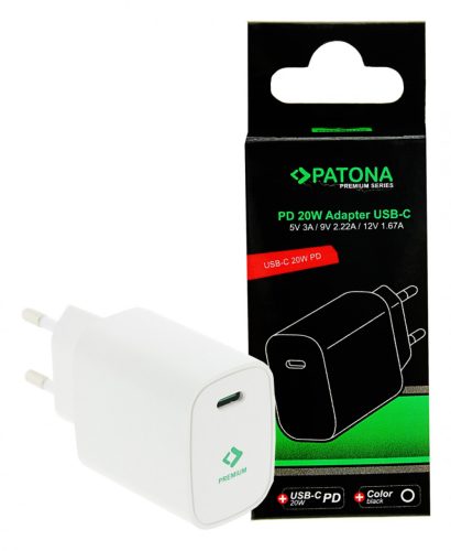 PATONA Premium PD20W adapter 5V/3A 9V/2.22A 12V/1.67A USB-C PD3.0 QC3.0 fehér