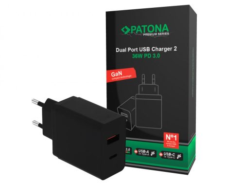 PATONA Premium PD36W adapter fekete 5V/3A 9V/2A 12V/1.5A 1xUSB-C 1xUSB-A PD3.0 QC3.0