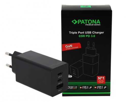 PATONA Premium GaN PD65W adapter fekete 2xUSB-C 1xUSB-A PD3.0 QC3.0 