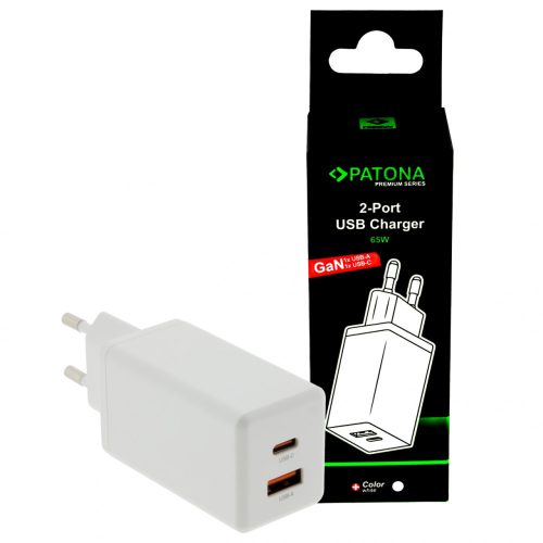 PATONA Premium GaN PD65W adapter fehér 1xUSB-C 1xUSB-A PD3.0 QC3.0 1xUSB-A PD3.0