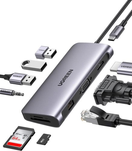 UGREEN 10-in-1 USB-C (Type-C) -3xUSB-A/ 4K HDMI/ VGA/ RJ45 Ethernet/ 3.5mm Jack/ TF SD Kártyaolvasó HUB [CM179]